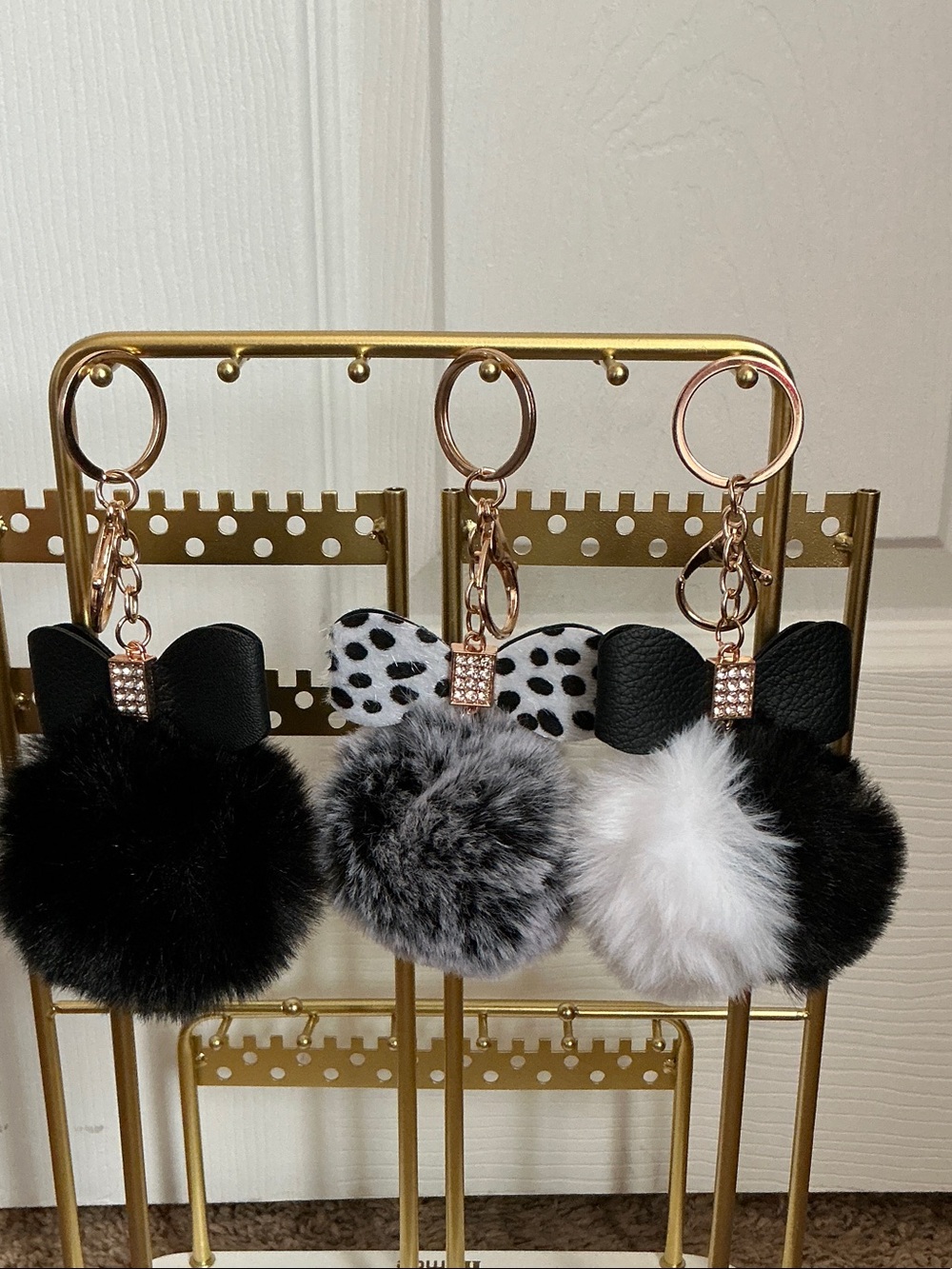 Plush Pom-Pom Keychain with Bow - Black, Gray, White & Black 3) Piece